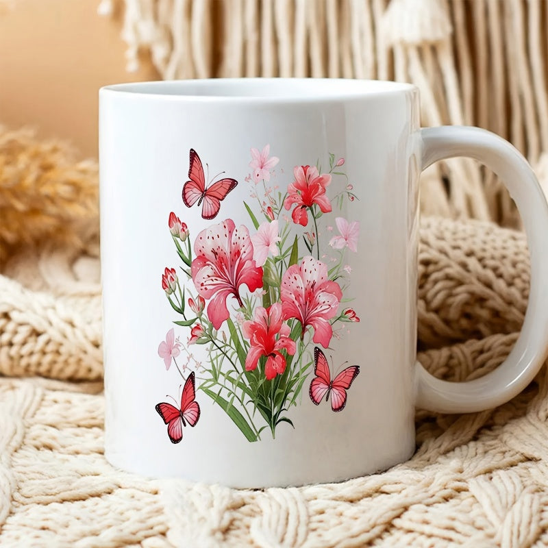 Tailorly White Ceramic 11 oz Mug - Elegant Watercolor Pink Lilies With Delicate Butterflies Fluttering Among Leaves Flower