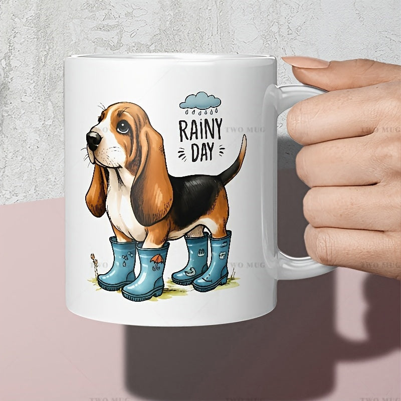Tailorly White Ceramic 11 oz Mug - Rainy Day Adorable Basset Hound Wearing Blue Boots Under Little Cloud Hound