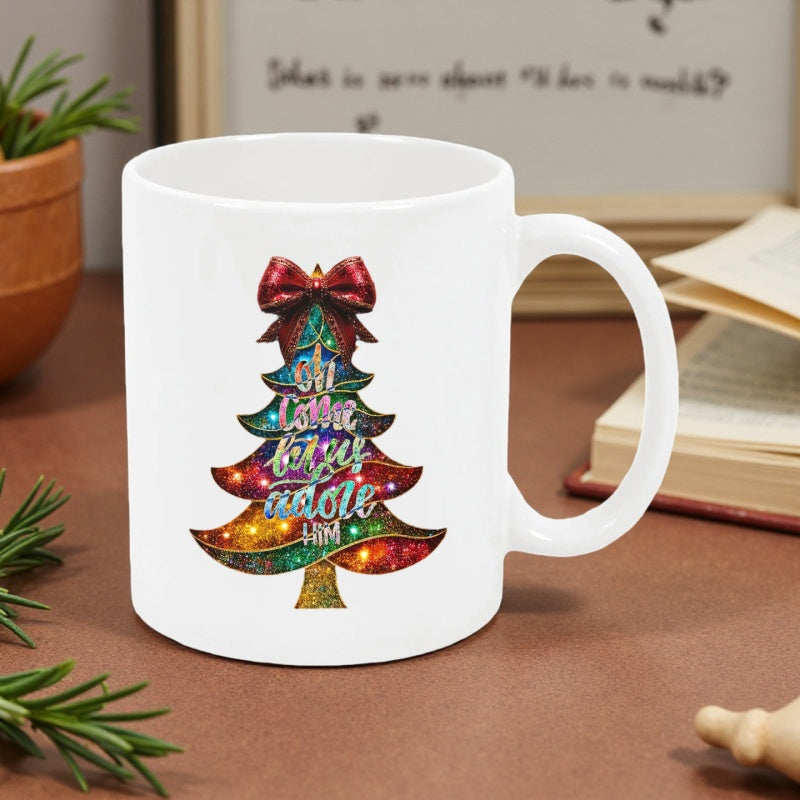 Tailorly White Ceramic 11 oz Mug - O Come Let Us Adore Him Festive Evergreen Decorated With Bright Lights And A Crimson Top Bow Tree