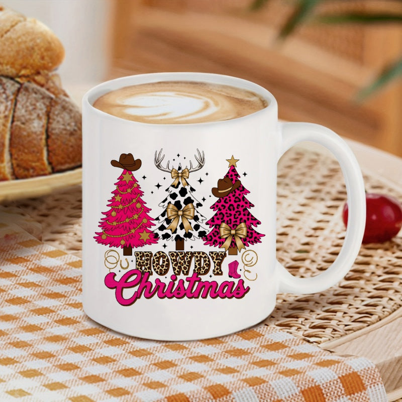 Tailorly White Ceramic 11 oz Mug - Howdy Christmas Three Decorated Festive Pink And Cow Print Western Themed Holiday Tree
