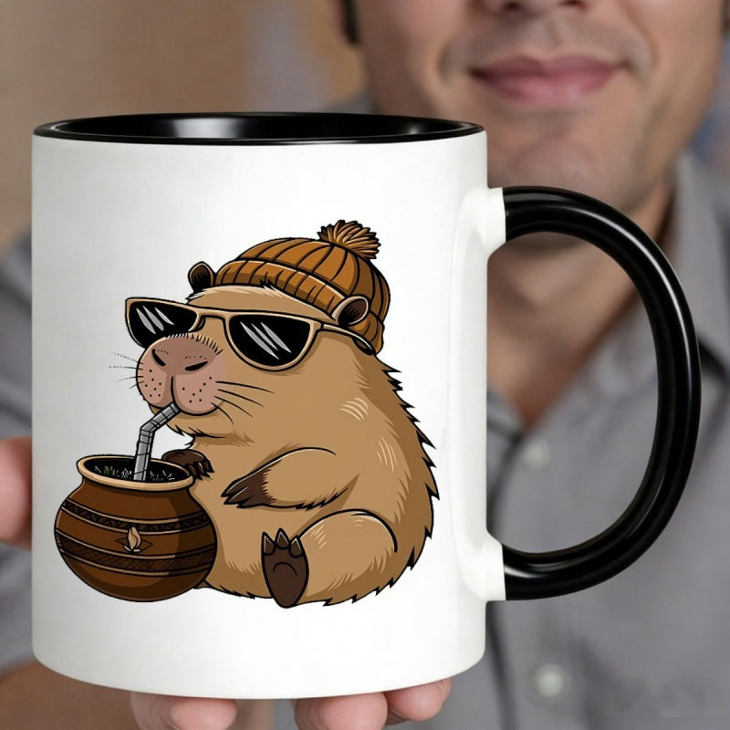 Tailorly Black Accent 11 oz Mug - knit hat glasses capybara character using straw to drink from yerba mate pot