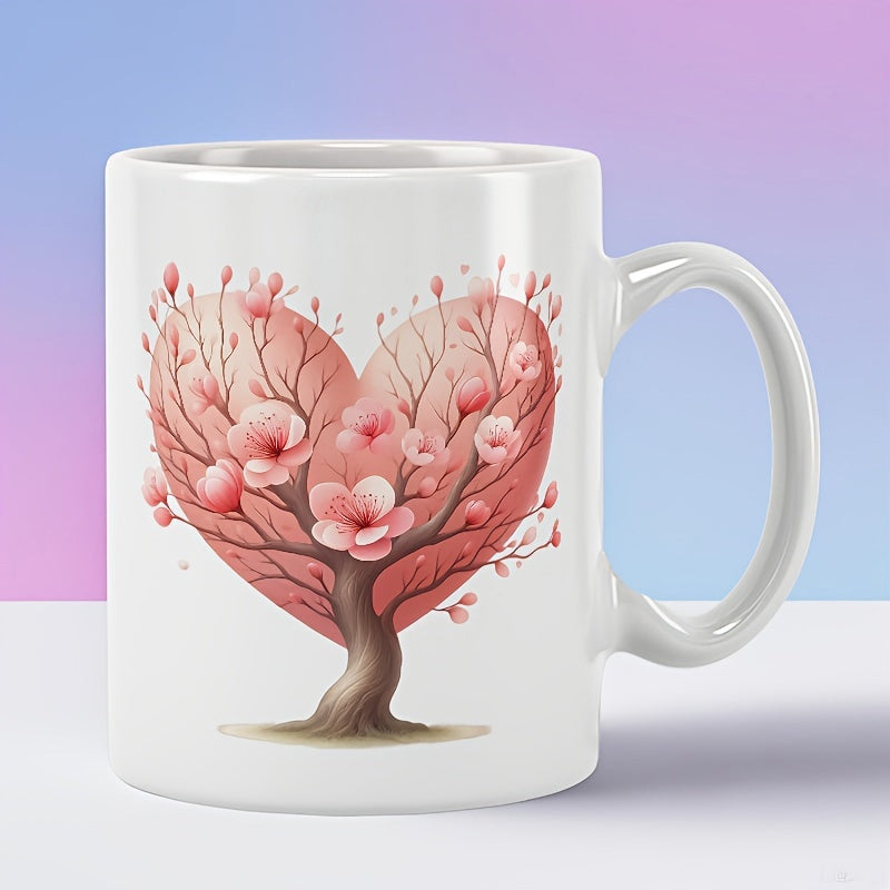 Tailorly White Ceramic 11 oz Mug - Graceful Pink Blossoms Blooming Upon A Romantic Heart Shaped Tree