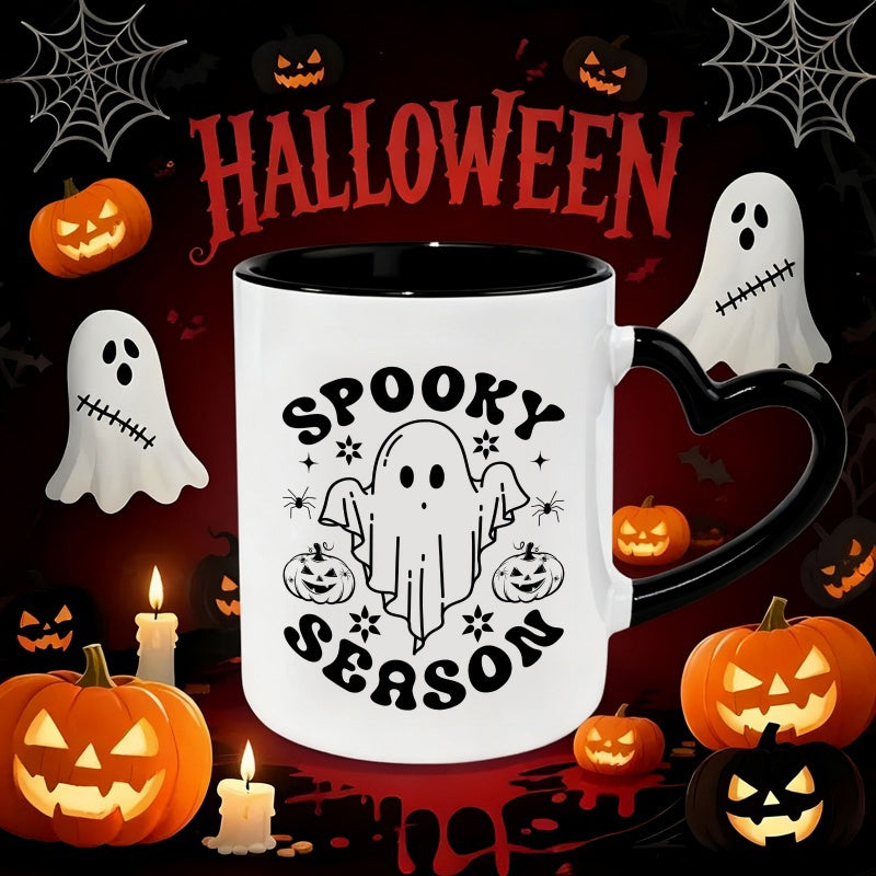 Tailorly Black Accent 11 oz Mug - 1pc 11oz ceramic mug with heart shaped handle spooky season ceramic coffee mug or tea cup printed with pumpkin spider