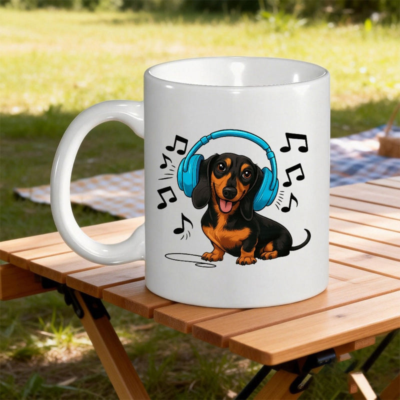 Tailorly White Ceramic 11 oz Mug - Adorable Sitting Black And Tan Puppy Wearing Blue Headphones Dachshund