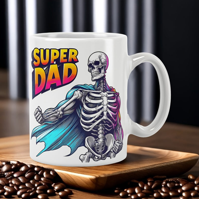 Tailorly White Ceramic 11 oz Mug - Super Dad Strong Heroic Muscular Form Wearing A Flowing Blue Cape Super Skeleton