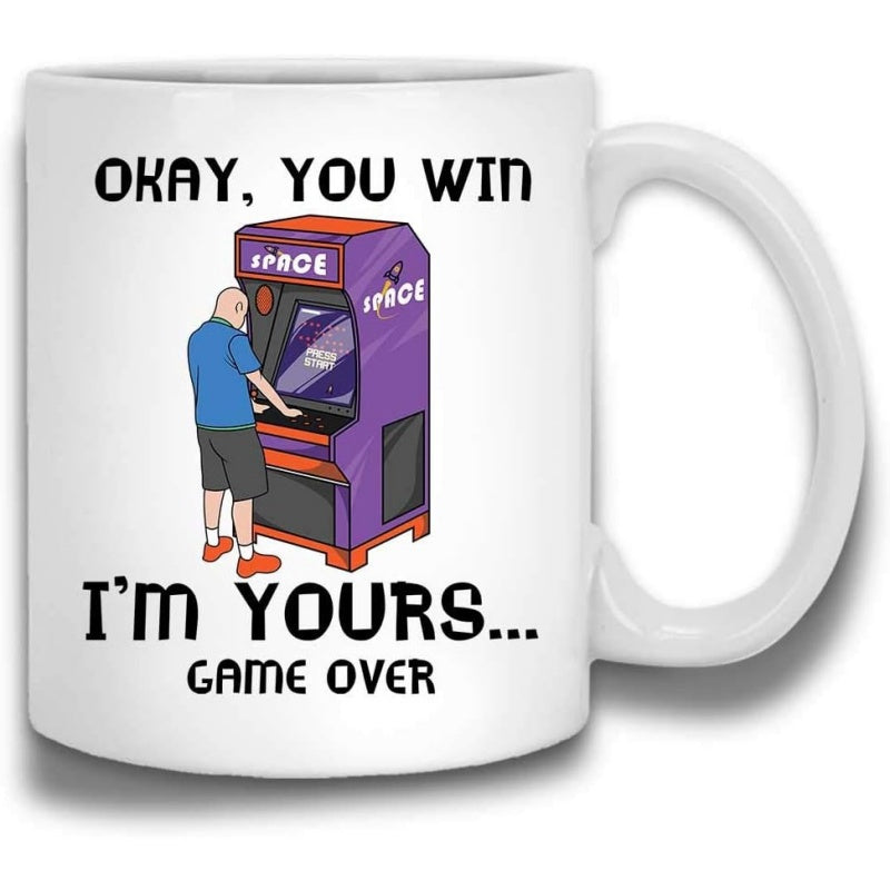 Tailorly White Ceramic 11 oz Mug - Okay You Win Im Yours Game Over Man In Blue Shirt Playing Vintage Purple Retro Electronic Gaming Arcade Machine