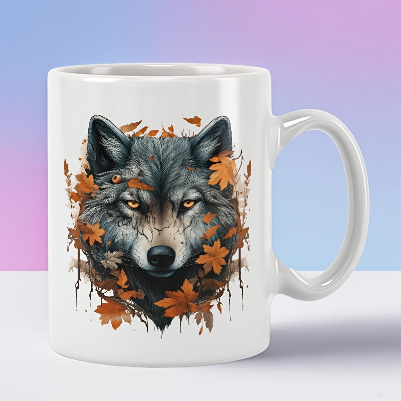 Tailorly White Ceramic 11 oz Mug - Majestic Wild Wolf Head Among Golden Falling Autumn Maple Leaves Wolf
