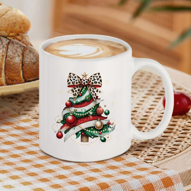 Tailorly White Ceramic 11 oz Mug - Festive Watercolor Design Featuring Leopard Print Bow And Red Ornaments Christmas Tree