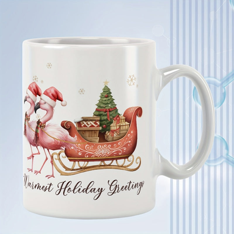 Tailorly White Ceramic 11 oz Mug - Warmest Holiday Greeting Festive Pink Flamingos Pulling A Red Sleigh With Gifts Flamingo