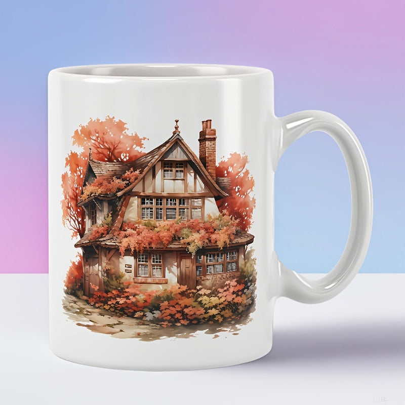 Tailorly White Ceramic 11 oz Mug - Vintage Tudor Style Home Nestled Within Warm Orange Autumn Foliage House