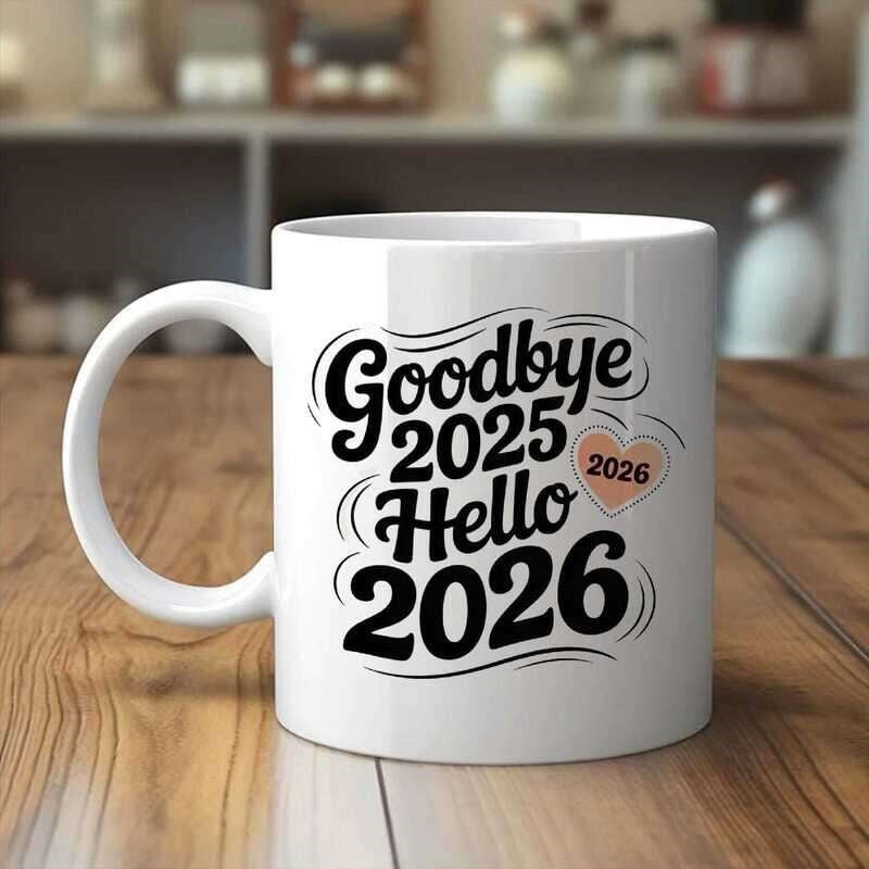 Tailorly White Ceramic 11 oz Mug - Goodbye 2025 Hello 2026 Bold Stylized Typography With Decorative Swirls And Heart Shape Ceramic Mug