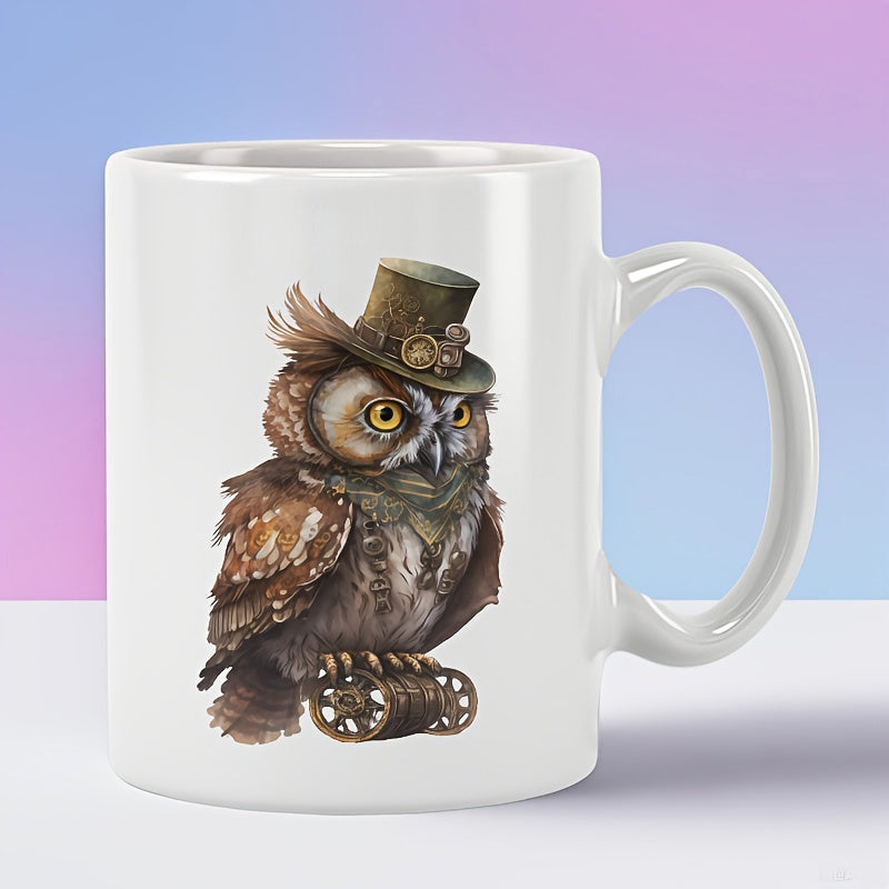 Tailorly White Ceramic 11 oz Mug - Vintage Steampunk Style Wearing Top Hat Perched On Mechanical Gears Owl