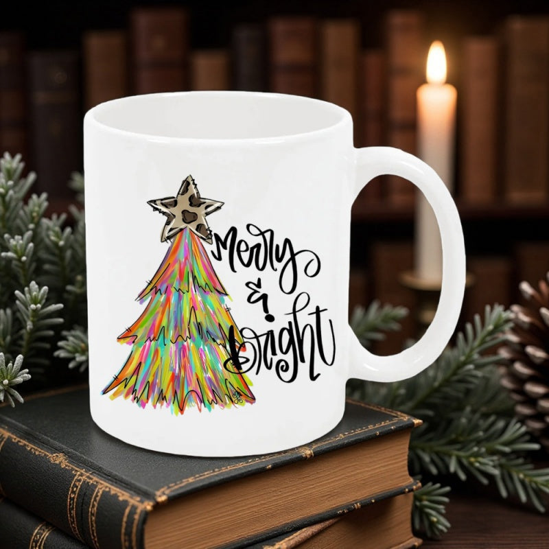 Tailorly White Ceramic 11 oz Mug - Merry Bright Colorful Artistic Brushstrokes With Leopard Print Star Accentuating Festive Winter Tree
