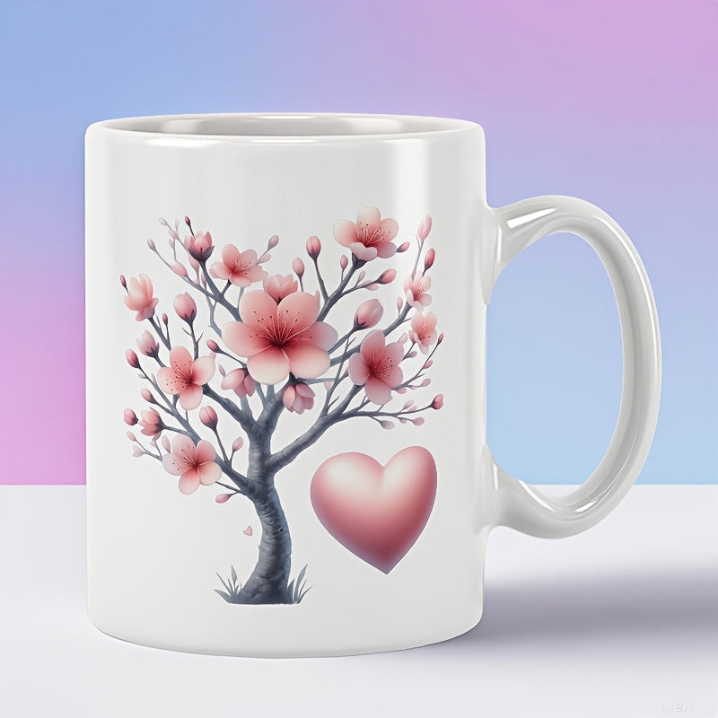 Tailorly White Ceramic 11 oz Mug - Beautiful Pink Blooming Cherry Blossoms With A Large Gradient Heart Tree