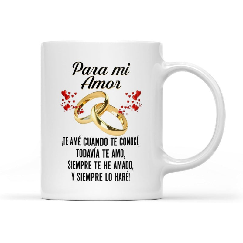 Tailorly White Ceramic 11 oz Mug - Two Intertwined Golden Wedding Bands Among Floating Red Love Hearts Ring