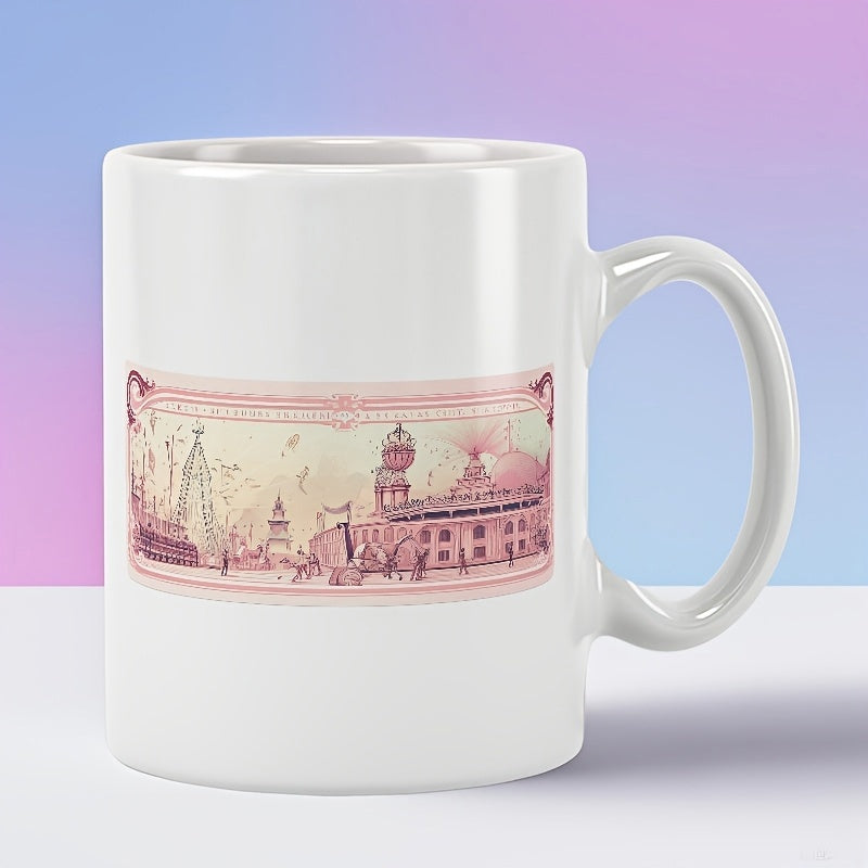 Tailorly White Ceramic 11 oz Mug - Vintage Sketch Style Panoramic European Cityscape With Architectural Dome And Spire Mug