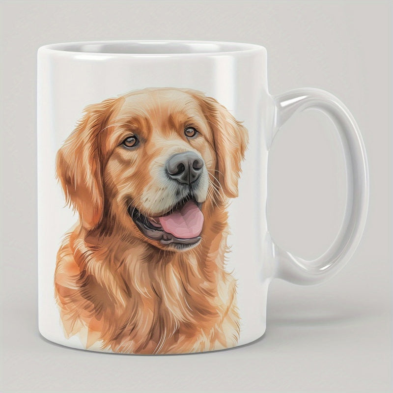 Tailorly White Ceramic 11 oz Mug - Vibrant Artistic Portrait Of A Happy Golden Retriever With Long Golden Fur Dog