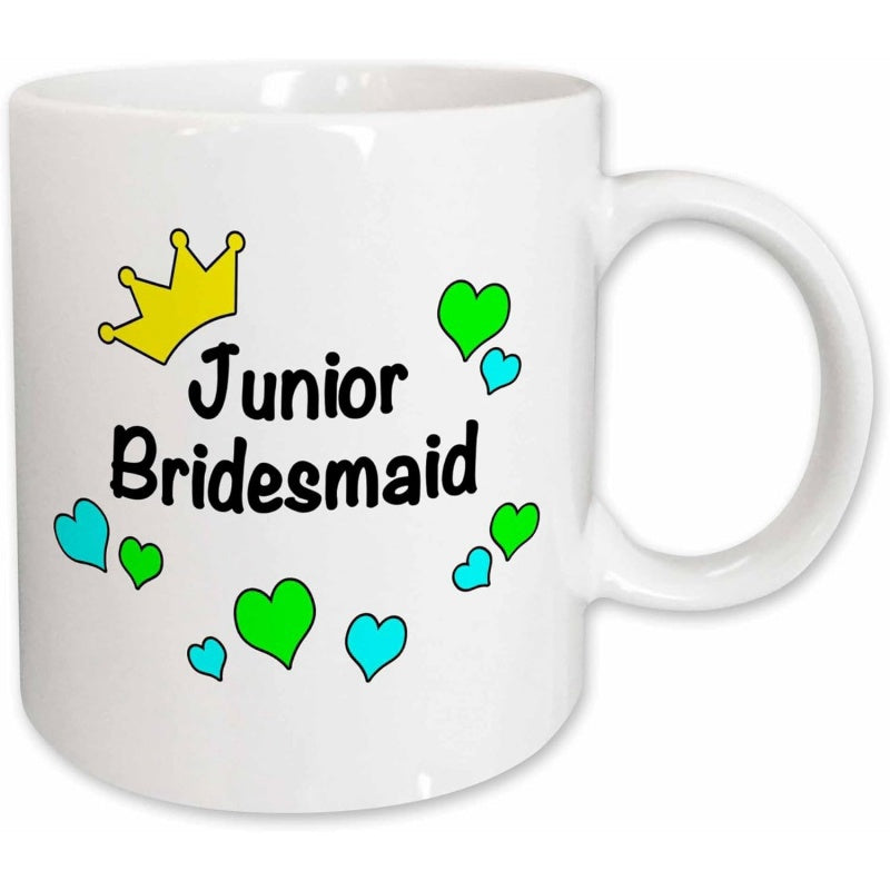 Tailorly White Ceramic 11 oz Mug - Junior Bridesmaid Golden Royal Tiara Among Floating Green And Blue Tiny Loving Hearts Crown