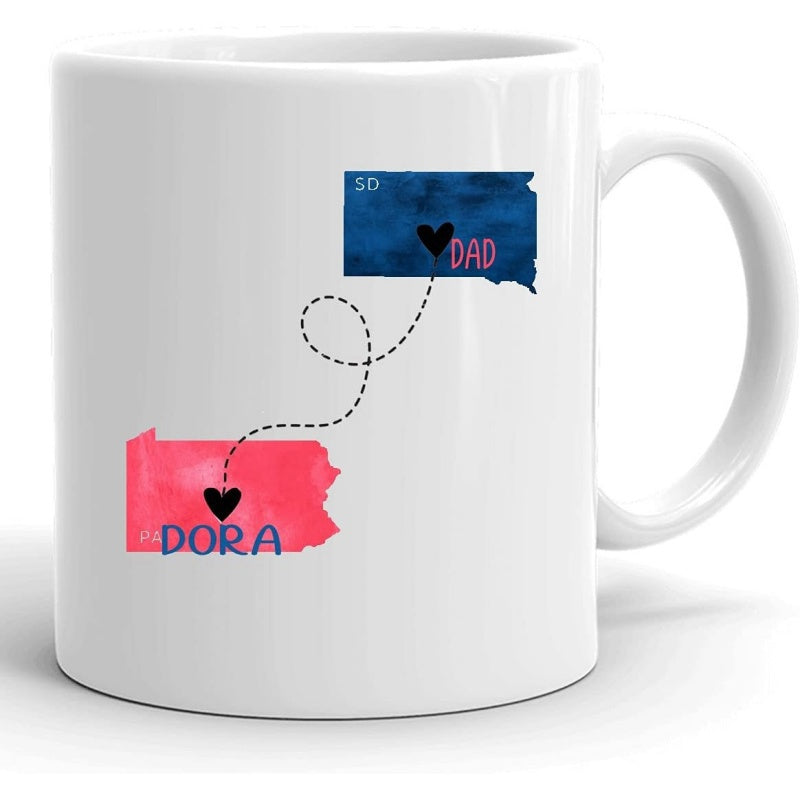 Tailorly White Ceramic 11 oz Mug - SD Dad Dora Watercolor Maps Of Pennsylvania And South Dakota Joined By Dashed Line Mug