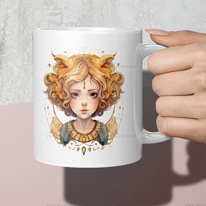 Tailorly White Ceramic 11 oz Mug - Ethereal Golden Curly Haired Maiden With Celestial Ornaments And Magical Aura Girl