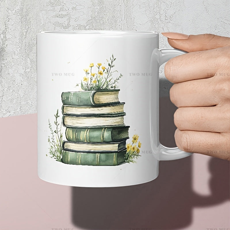Tailorly White Ceramic 11 oz Mug - Vintage Style Stacked Books Among Wildflowers And Delicate Green Foliage Books