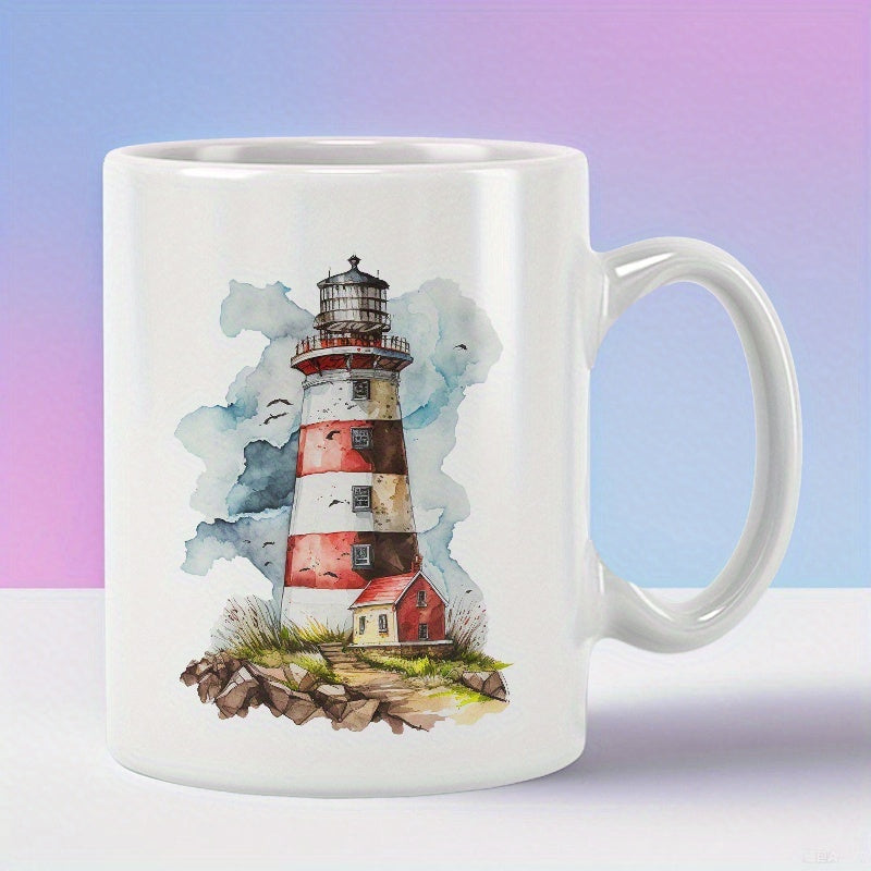 Tailorly White Ceramic 11 oz Mug - Watercolor Painted Coastal Scene Standing On Rocky Shore Amidst Clouds Lighthouse