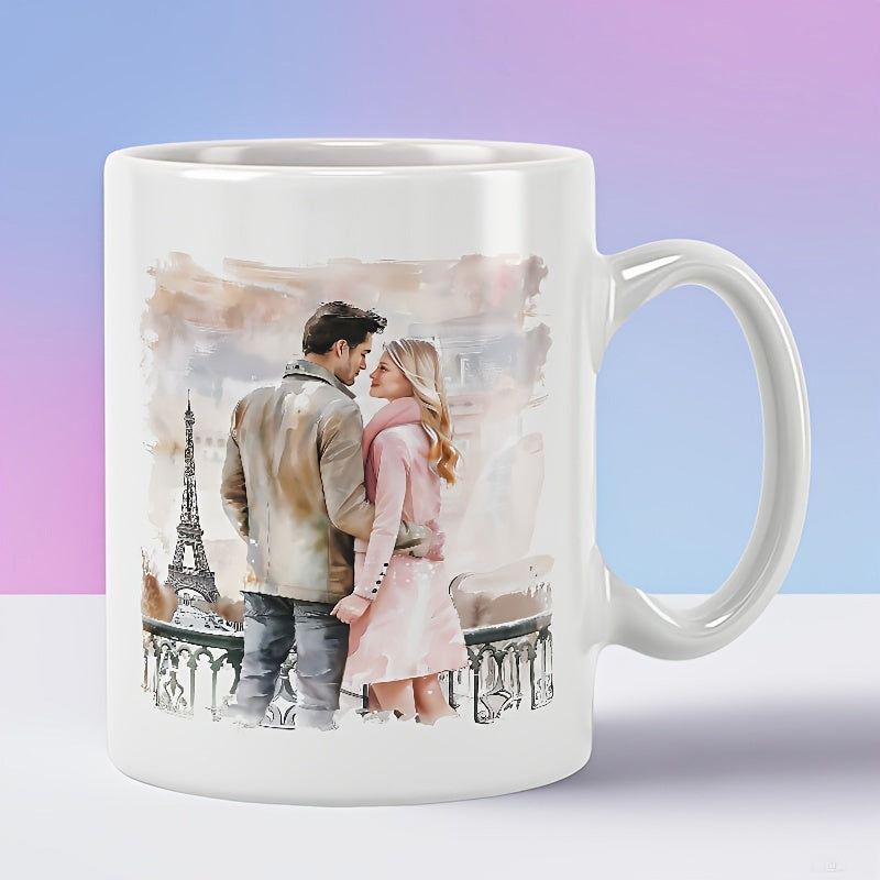 Tailorly White Ceramic 11 oz Mug - Romantic Watercolor Lovers Embracing Before The Iconic Parisian Eiffel Tower Couple