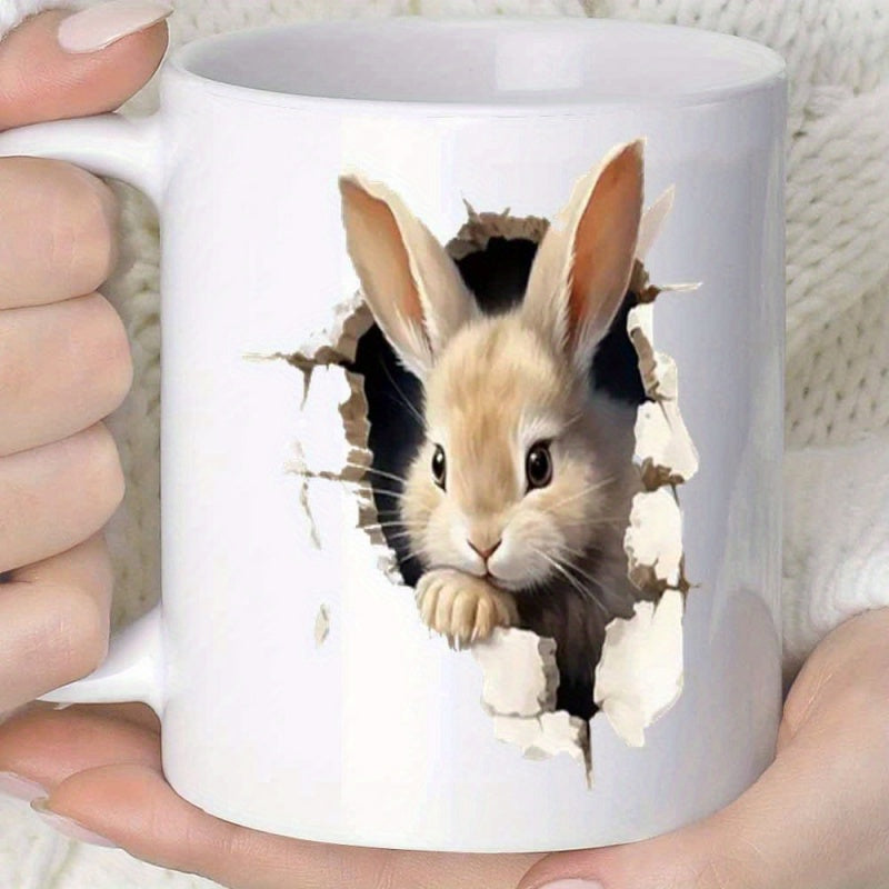 Tailorly White Ceramic 11 oz Mug - Adorable Realistic Little Bunny Peeking Through A Cracked Hole In Wall Rabbit