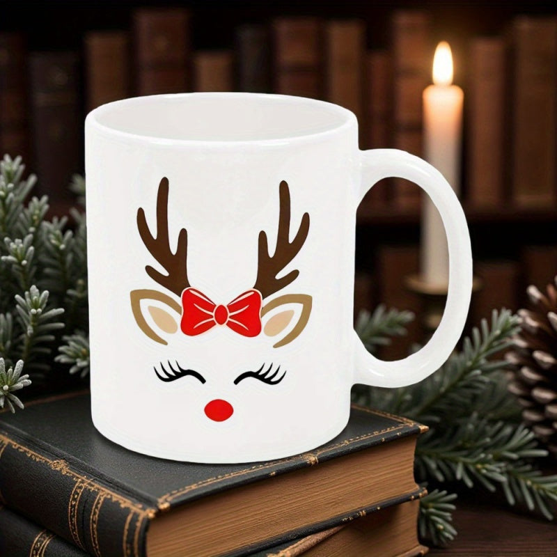 Tailorly White Ceramic 11 oz Mug - Festive Christmas Design With Red Bow And Brown Antlers Reindeer