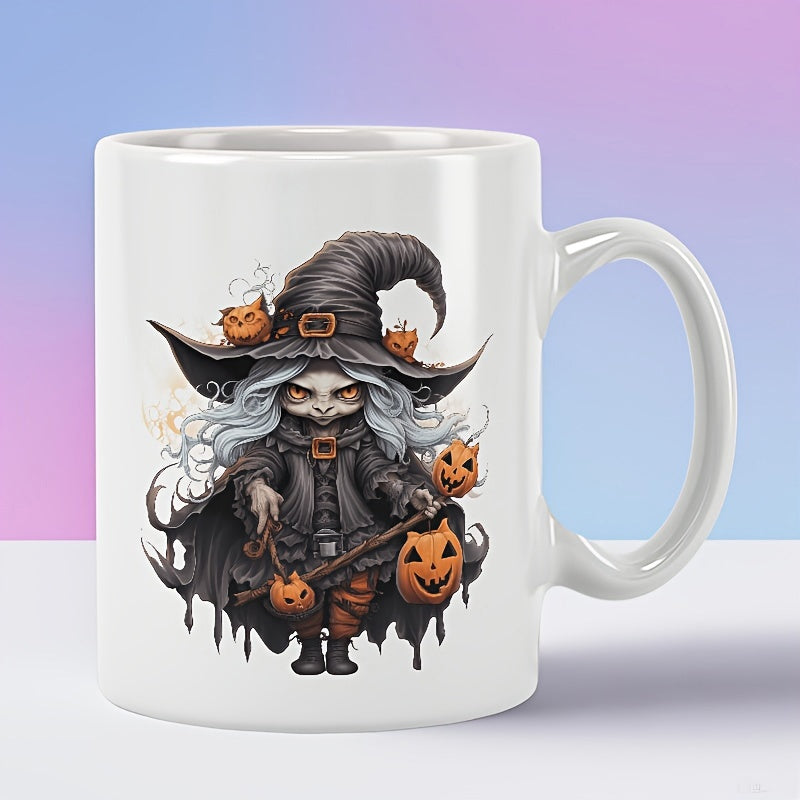 Tailorly White Ceramic 11 oz Mug - Spooky Miniature Figure With Pointed Hat Carrying Glowing Halloween Pumpkins Witch
