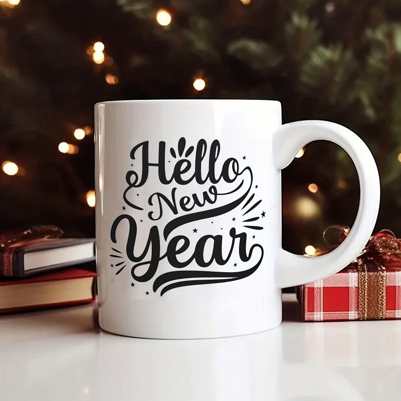 Tailorly White Ceramic 11 oz Mug - Hello New Year Ceramic Surface Featuring Decorative Black Typography And Festive Seasonal Swirls Mug