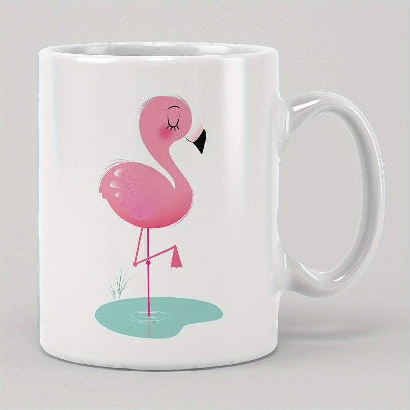 Tailorly White Ceramic 11 oz Mug - Elegant Pink Bird Standing On One Leg In Calm Water Puddle Flamingo