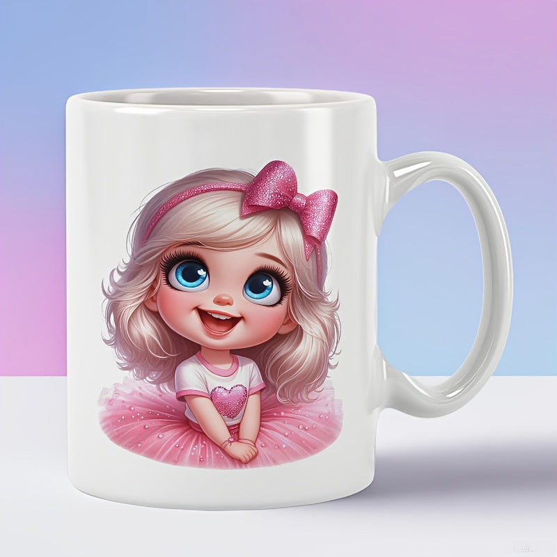Tailorly White Ceramic 11 oz Mug - Adorable Little Cartoon Girl With Pink Bow And Tutu Tutu Girl