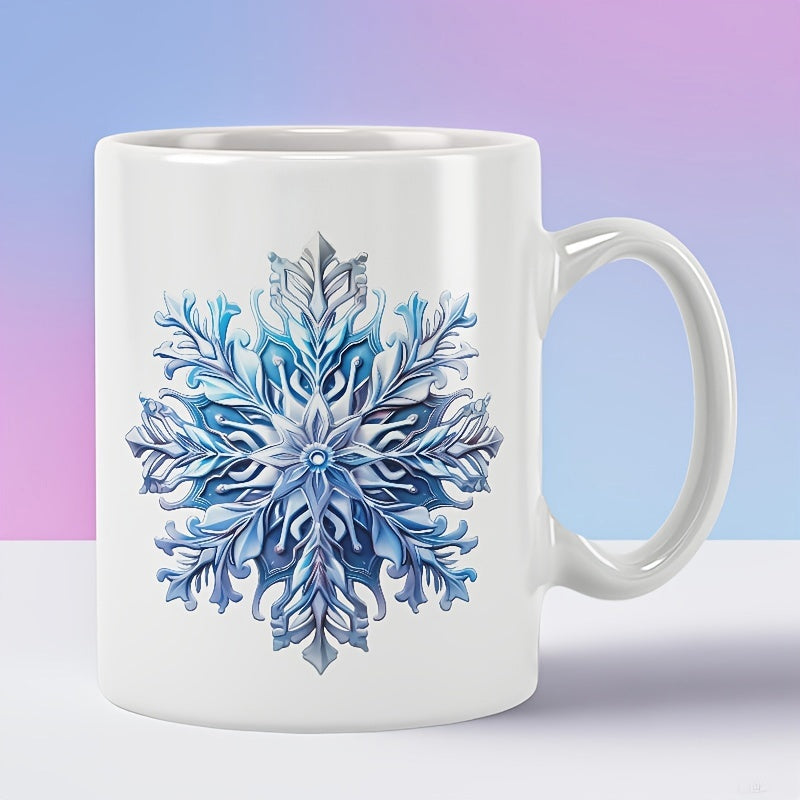 Tailorly White Ceramic 11 oz Mug - Intricate Blue Crystalline Winter Frost Pattern With Geometric Icy Details Snowflake