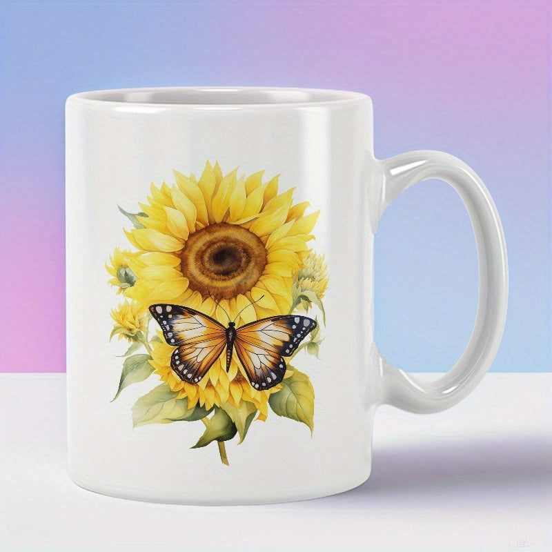 Tailorly White Ceramic 11 oz Mug - Blooming Yellow Garden Flower With Delicate Wings Resting On Sunflower