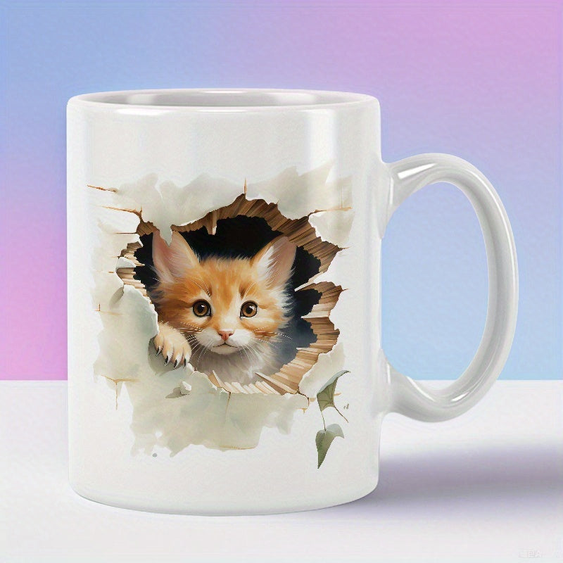 Tailorly White Ceramic 11 oz Mug - Adorable Ginger Peeking Through A Torn Paper Wall Effect Kitten