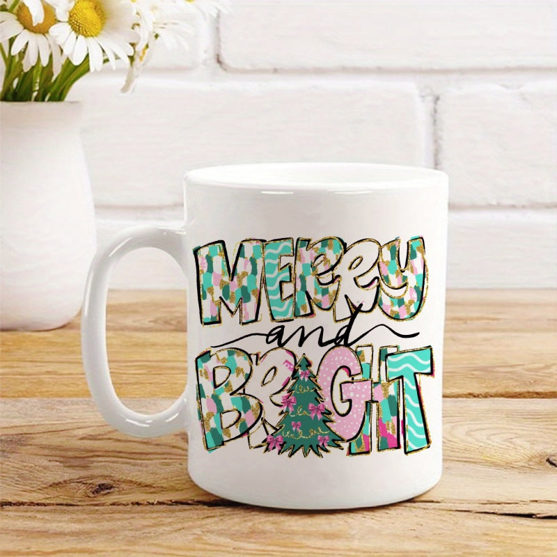 Tailorly White Ceramic 11 oz Mug - Merry And Bright Artistic Patterned Festive Letters Standing Beside A Small Decorated Christmas Tree