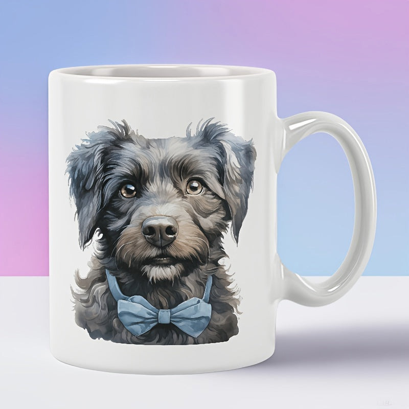 Tailorly White Ceramic 11 oz Mug - Adorable Scruffy Black Terrier Mix Wearing Light Blue Bowtie Elegant Dog