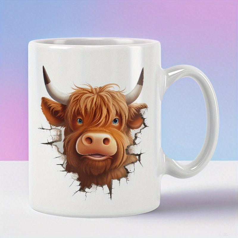 Tailorly White Ceramic 11 oz Mug - Shaggy Brown Peeking Through A Realistic Cracked White Wall Highland Cow