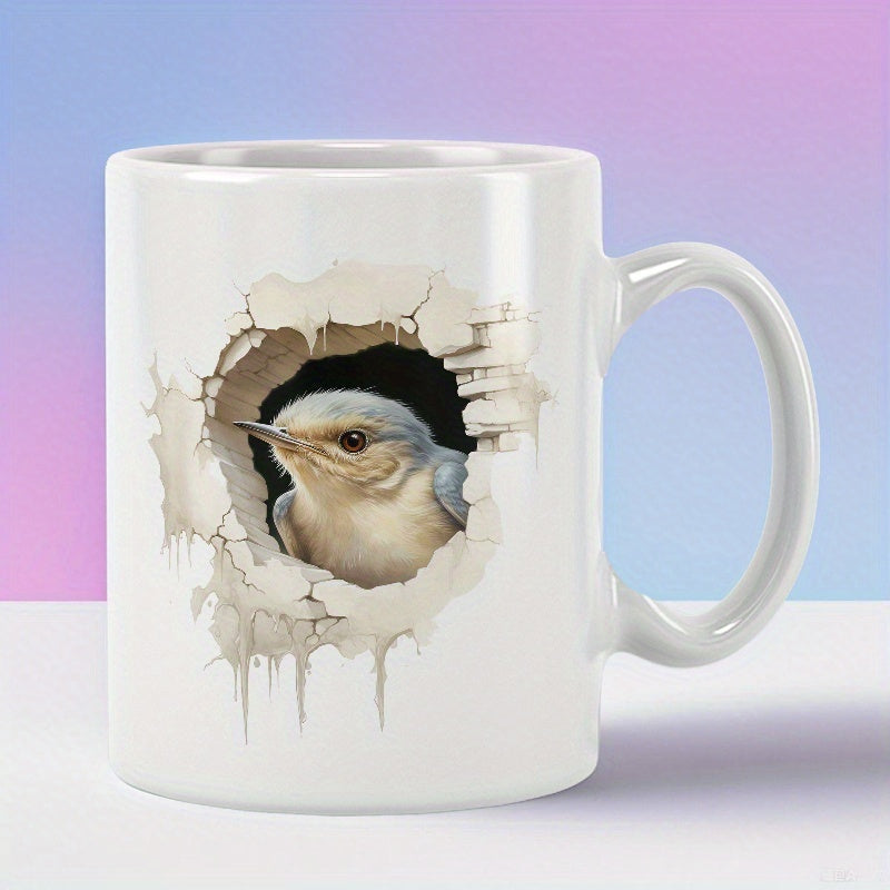Tailorly White Ceramic 11 oz Mug - Realistic Little Bird Peeking Out From A Broken Stone Hole Bird