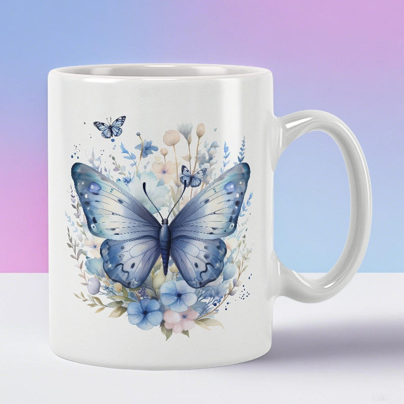 Tailorly White Ceramic 11 oz Mug - Elegant Watercolor Blue Wings Resting On Delicate Wildflowers And Botanical Leaves Butterfly