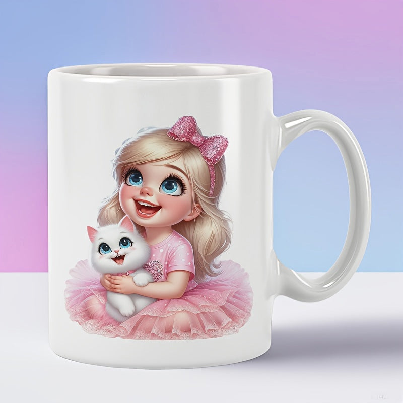 Tailorly White Ceramic 11 oz Mug - Smiling Blonde Little Child In Pink Tutu Hugging A Fluffy White Kitten Girl