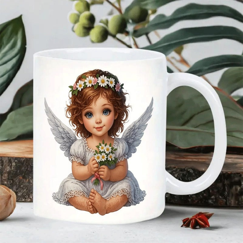 Tailorly White Ceramic 11 oz Mug - Little Girl With White Wings Wearing Floral Crown Holding Flowers Angel