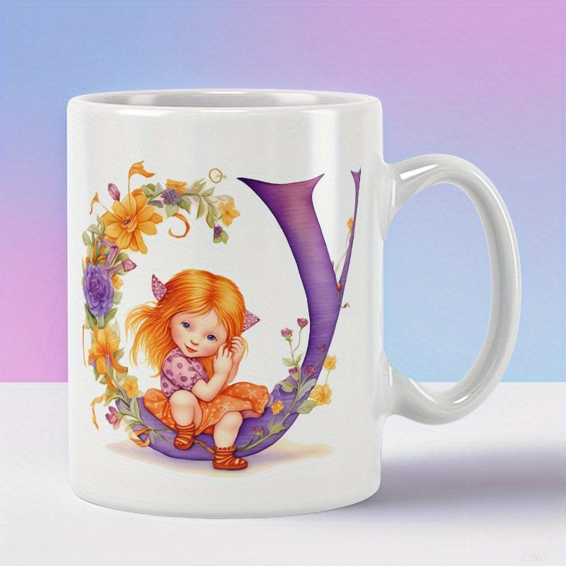 Tailorly White Ceramic 11 oz Mug - Y Little Red Haired Girl Sitting Inside Large Floral Decorated Purple Letter