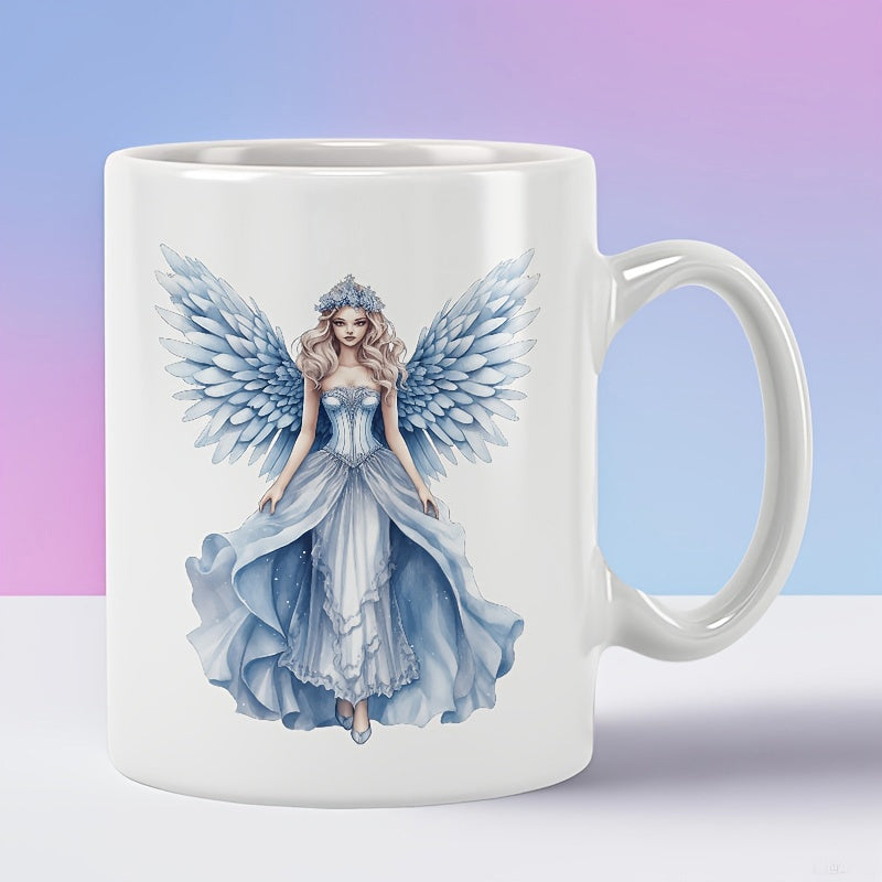 Tailorly White Ceramic 11 oz Mug - Majestic Wings Floating Gracefully With Elegant Flowing Gown And Headdress Angel