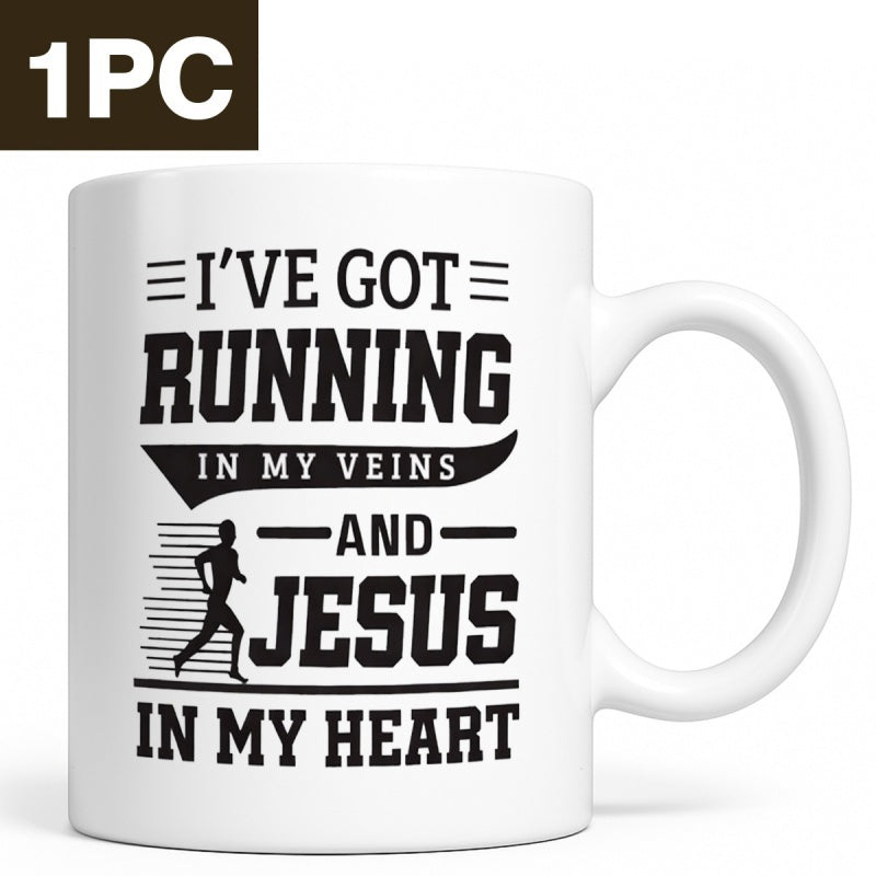 Tailorly White Ceramic 11 oz Mug - Ive Got Running In My Veins And Jesus In My Heart Silhouette Of A Fast Person Running Along Horizontal Motion Lines Runner