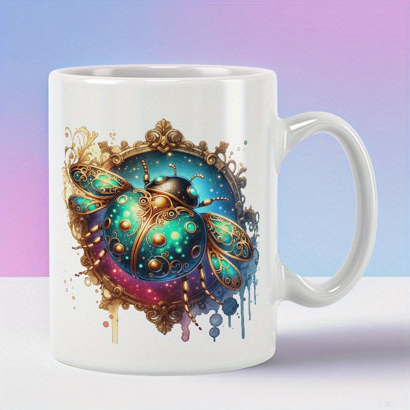 Tailorly White Ceramic 11 oz Mug - Ornate Decorative Golden Frame Surrounding A Glowing Bioluminescent Teal Jeweled Celestial Beetle