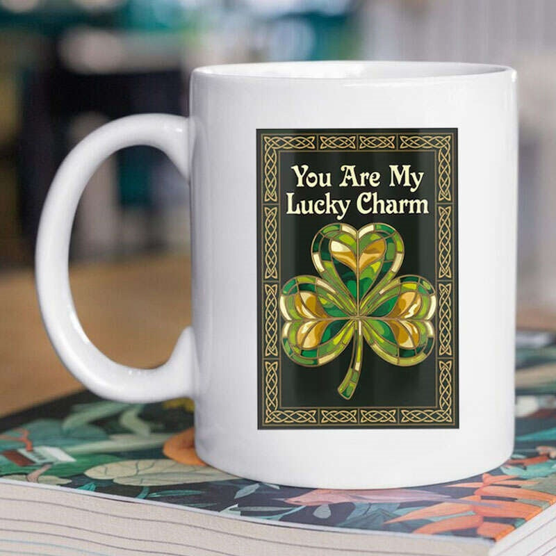 Tailorly White Ceramic 11 oz Mug - You Are My Lucky Charm Elegant Green Stained Glass Design Within Golden Celtic Knot Frame Shamrock
