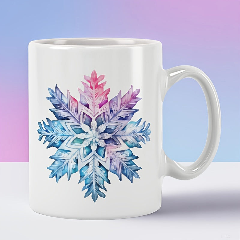 Tailorly White Ceramic 11 oz Mug - Radiant Watercolor Pastel Tones Shimmering Winter Crystal Pattern On A Delicate Snowflake
