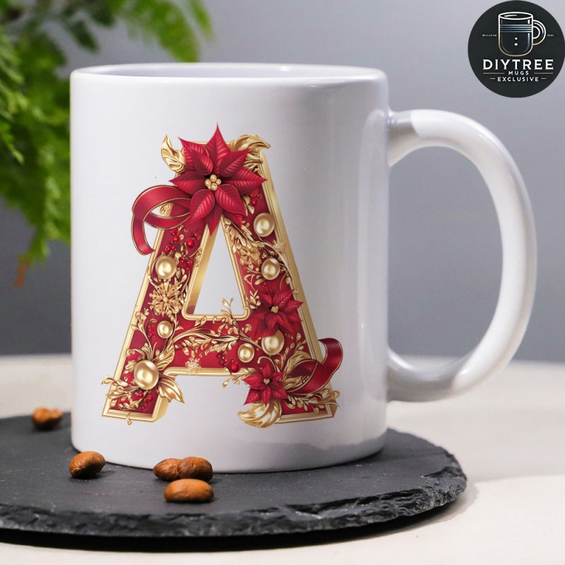 Tailorly White Ceramic 11 oz Mug - A Ornate Christmas Floral Pattern With Golden Filigree And Poinsettia Letter A